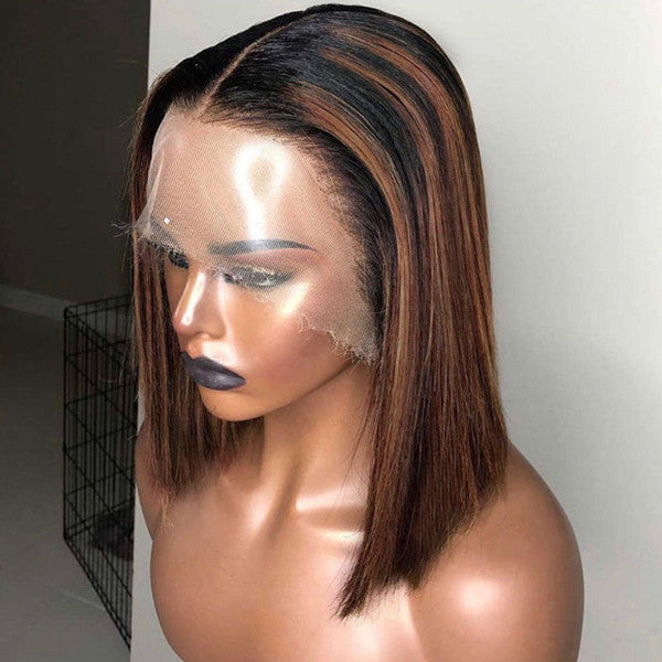 Dark Brown Highlights Color Human Hair Bob Lace Front Wig Straight UC032