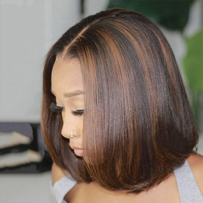 Dark Brown Highlights Color Human Hair Bob Lace Front Wig Straight UC032