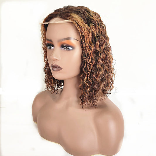 Mix Color Brown Curly Bob Wig Frontal Short Lace Wig 100% Human Hair