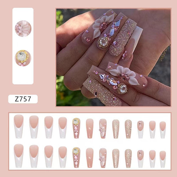 24Pcs Yellow False Nails Long Coffin Flower Butterfly with Rhinestones French Design Wearable Fake Nails Press on Nails Tips  PN05