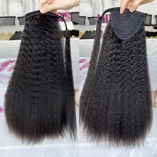 Kinky Straight Ponytail Human Hair Yaki Straight Ponytail Extension For Women  Magic Paste Wrap Around