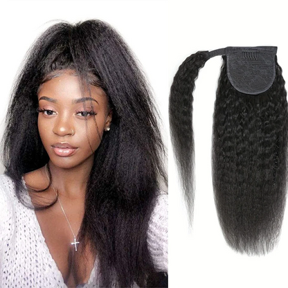 Kinky Straight Ponytail Human Hair Yaki Straight Ponytail Extension For Women  Magic Paste Wrap Around