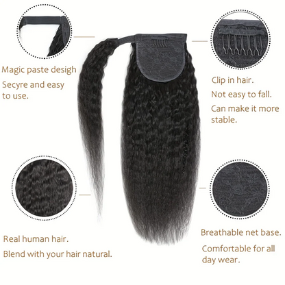 Kinky Straight Ponytail Human Hair Yaki Straight Ponytail Extension For Women  Magic Paste Wrap Around