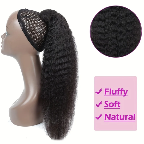 Kinky Straight Ponytail Human Hair Yaki Straight Ponytail Extension For Women  Magic Paste Wrap Around