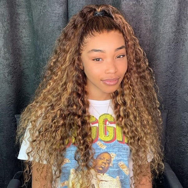 Highlight Curly Honey Blonde 5×5 13×4 Glueless Lace Front Wig Mix Color 100% Human Hair