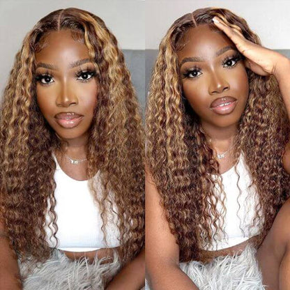 Highlight Curly Honey Blonde 5×5 13×4 Glueless Lace Front Wig Mix Color 100% Human Hair