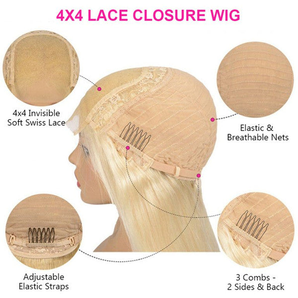 613 Blonde Brazilian Straight 4×4 Lace Closure Wig 100% Human Hair UC052