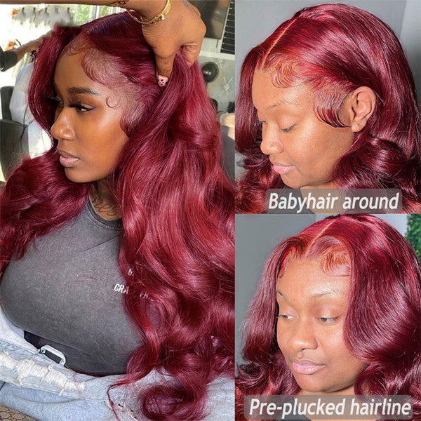 Burgundy Color Body Wave 13x4  Glueless Lace Front Wig 100% Human Hair UC030