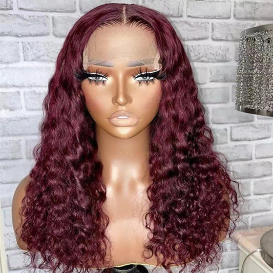 Dark Wine Red Color 5x5 Lace Closure Wig Water Wave 100% Human Hair UC064