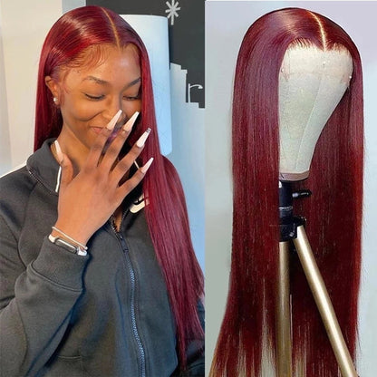 Burgundy Silky Straight 13X4 Lace Front Wig 100% Human Hair UC034