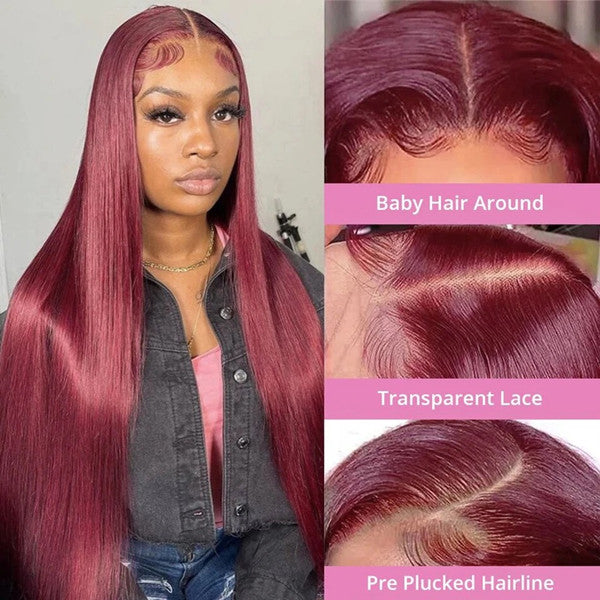 Burgundy Silky Straight 13X4 Lace Front Wig 100% Human Hair UC034