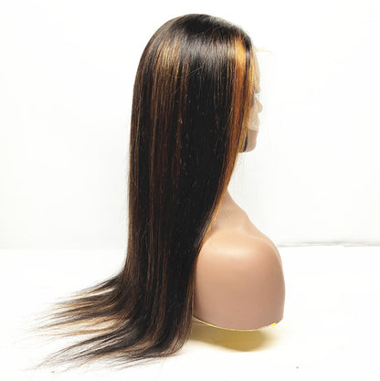 Color Brown Hightlights Silky Straight 13x4 Lace Front Long Wig 100% Human Hair