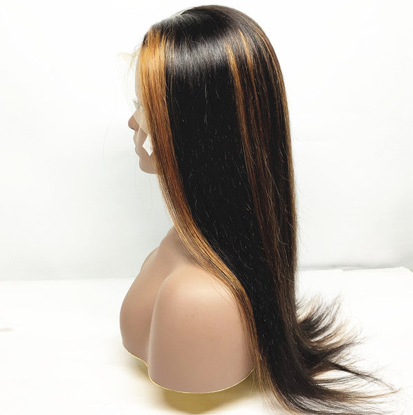 Color Brown Hightlights Silky Straight 13x4 Lace Front Long Wig 100% Human Hair