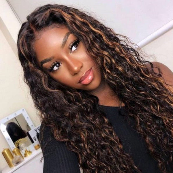 Highlight 1b/30 Brown Color Water Wave Wig 13×4 Lace Front Wig 100% Human Hair