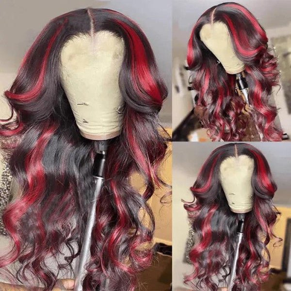 Burgundy Highlight 13X4 Glueless Lace Frontal Wig Straight / Body Wave UC047