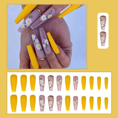 24Pcs Yellow False Nails Long Coffin Flower Butterfly with Rhinestones French Design Wearable Fake Nails Press on Nails Tipss  PN03