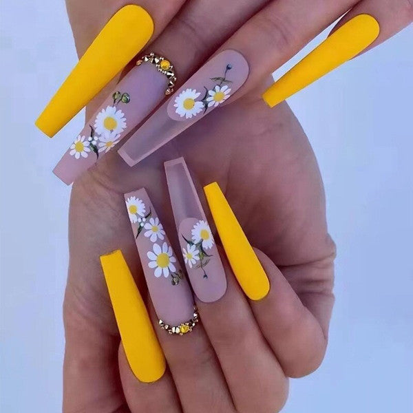 24Pcs Yellow False Nails Long Coffin Flower Butterfly with Rhinestones French Design Wearable Fake Nails Press on Nails Tipss  PN03