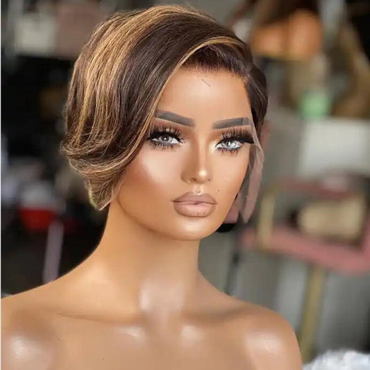 Dark Brown with Hightlight Color 27# Short Bob Pixie Cut  Lace Front Wig UC070