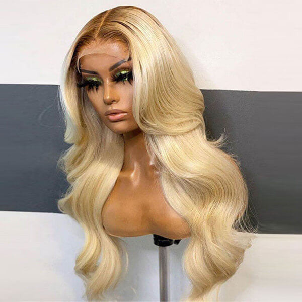 Color 4/613 Blonde with Dark  Brown Root  Lace Front Wigs Straight &Body Wave  100% Human Hair UC093