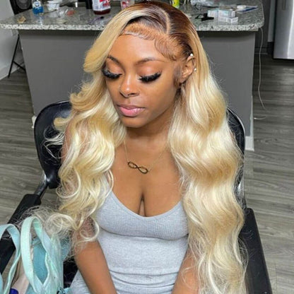 Color 4/613 Blonde with Dark  Brown Root  Lace Front Wigs Straight &Body Wave  100% Human Hair UC093