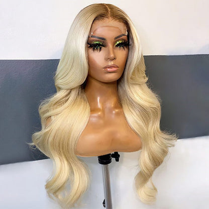 Color 4/613 Blonde with Dark  Brown Root  Lace Front Wigs Straight &Body Wave  100% Human Hair UC093