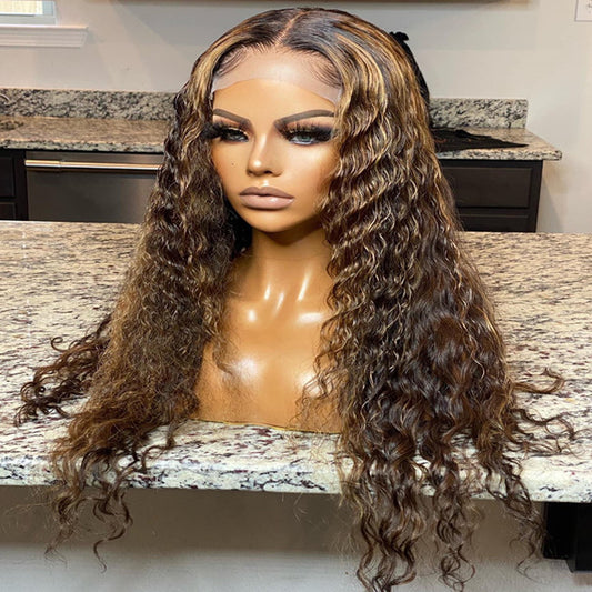 Highlight Deep Wave Honey Blonde 5×5 13×4 Glueless Lace Front Wig Mix Color 100% Human Hair