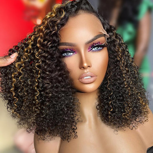 Short Curly Bob Wigs 13*4 Lace Frontal Wig Human Hair Wigs with Honey Blonde highlight For Black Women