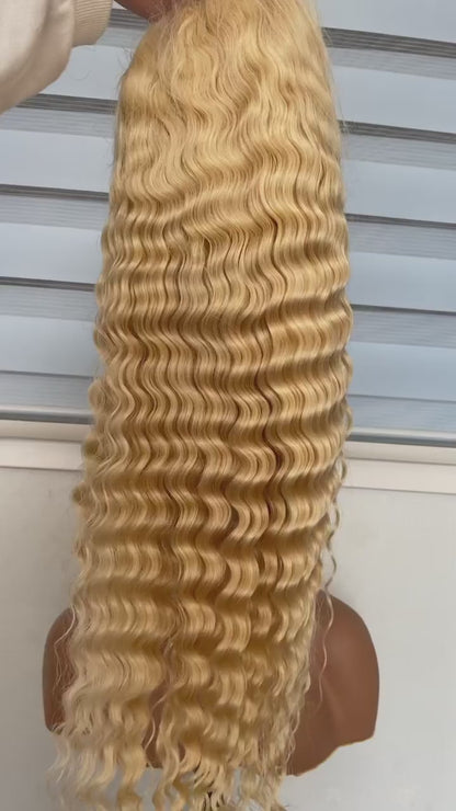 Color 613# Blonde Deep Wave Lace Front Wig 100% Human Hair UC054