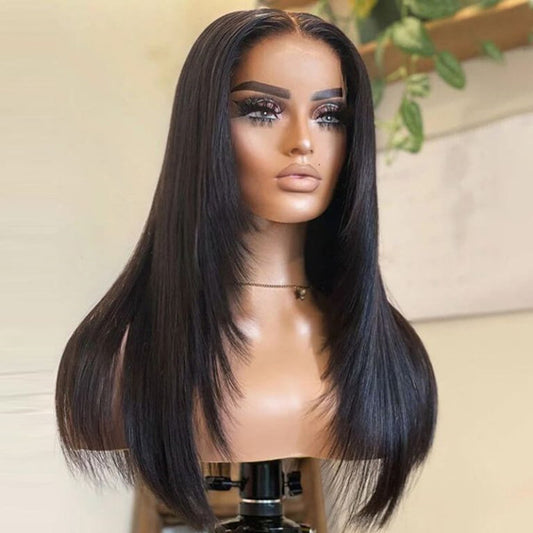 Layered Cut Soft Silky Straight Ear-to-ear Mid Part Glueless 5x5 Closure Lace / 13x4 Frontal Lace Wig UC081